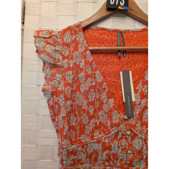Anthropologie Ruffle Sleeve Smocked Midi Dress Orange Floral Button Front XXS - Picture 4 of 16